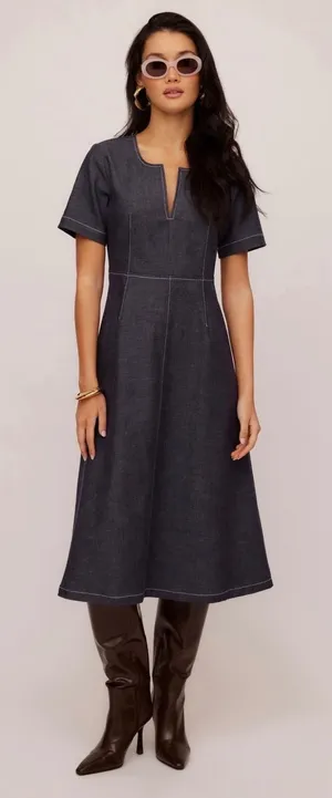 Fifteen‎ Twenty olivia contrast stitch denim midi dress Women S Blue Minimalist thumbnail 1