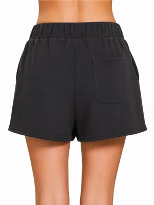 Zenana Black Fleece Drawstring Shorts S/M/L thumbnail 2