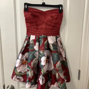 Akira Chicago Black Label Strapless Floral Fit & Flare Dress Size S Burgundy thumbnail 2