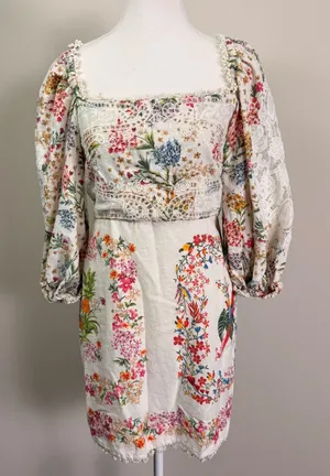 Farm Rio Tropical Floral Lace Mini Dress Puff Sleeve Square Neck Linen Small thumbnail 1