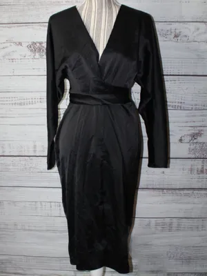 NWT ASOS DESIGN satin midi black dress with batwing sleeve and wrap waist Size 6 thumbnail 2
