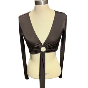 Top Chic L Long Sleeve O-Ring Wrap Crop Top Brown Y2K Clubwear‎ Night Out thumbnail 2