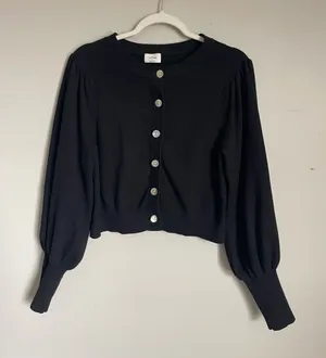 WILFRED Black Button-Front Cropped Puff Sleeve Cardigan Sweater Sz L thumbnail 1