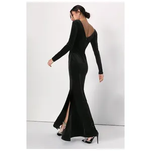 NWT Lulus Hollywood Heyday Black Velvet Long Sleeve Mermaid Maxi Dress Banquet M thumbnail 3