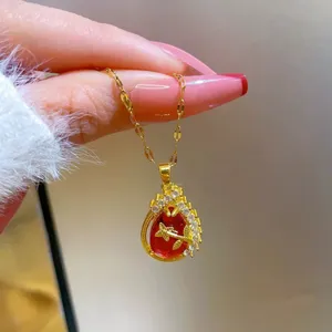 18K Gold Plated Birthstone Crystal Flower Teardrop Ruby Pendant Necklace for Women thumbnail 3
