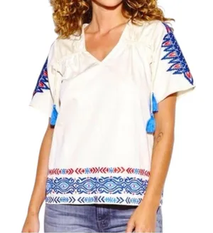 Anthropologie Pepin Women’s Size M White Red Blue Embroidered Cotton V-Neck Top thumbnail 2