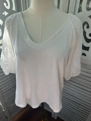 Maeve White Short Sleeve Scoop Neck Top with Embroidered Puff Sleeves Size S thumbnail 6