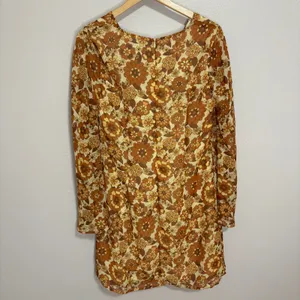 Retro Mini Dress Brown Mod Floral 70s Boho Bell Sleeve Groovy Festival Hippie L thumbnail 8