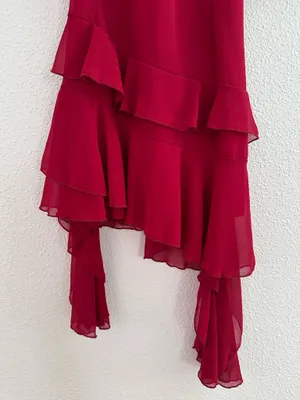 red ruffled ruched flowy salsa emoji asymmetrical dress thumbnail 6