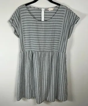Altar'd State Striped Mini Dress Gray Zip Cotton Pleats Baby Doll Coastal Medium thumbnail 1