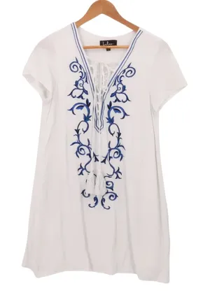 Lulus Embroidered Boho Shift Dress Swim Cover Womens Size M White‎ Blue Resort thumbnail 1