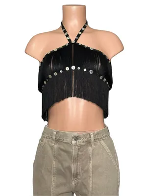 JADED LONDON Asha Fringed Button Crossover Top, Black, XS thumbnail 5
