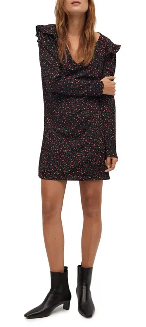 Mango‎ MNG NWT Floral Ruffle Shoulder V-Neck Mini Dress Black Red Size Medium thumbnail 1