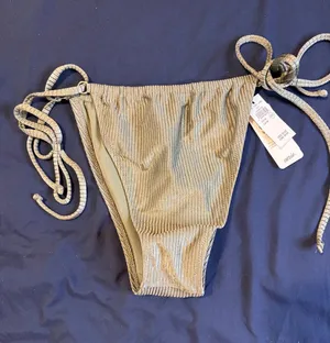 aerie Olive Ribbed Tie-Side Bikini Bottoms with Adjustable Side Ties thumbnail 1
