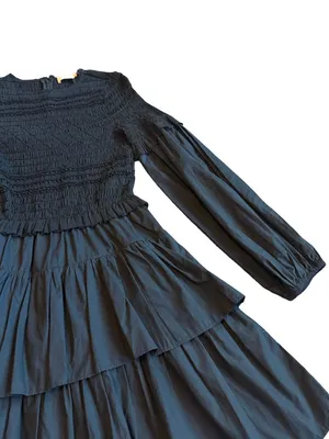 Ulla Johnson Black Smocked Tiered Ruffle Long Sleeve Nadia Dress Size 0 Women's thumbnail 8