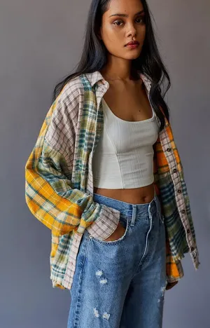 UO Ted Patchwork Yellow Flannel Shirt Button Down Plaid Urban Outfitters Size XS thumbnail 1