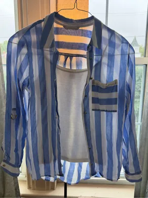 Soft Surroundings Light Blue and White Vertical Stripe Button-Down Shirt thumbnail 7