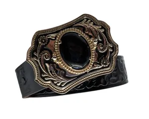 Justin Black Tooled Leather Belt Ornate Western Buckle Size 28 thumbnail 1