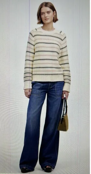 Madewell $98 Cotton Crewneck Sweater Dark Loden Stripe NT643 Size M thumbnail 2