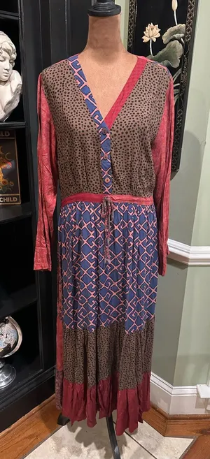 Sacred Threads Bohemian Mixed‑Print Long‑Sleeve Midi Dress – NWT – Size L/XL thumbnail 1