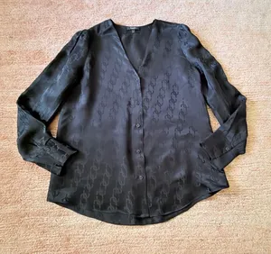Massimo Dutti Black Monogram Silk Viscose Sheer Button Front Blouse Size XS thumbnail 1