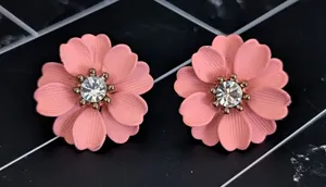 Vintage Stud Earrings Peachy Pink Flower with Gem Retro Floral thumbnail 1
