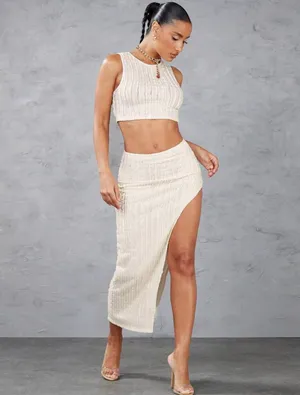 Sleeveless Ribbed Cream Maxi Skirt with High Slit 2 pcs thumbnail 3