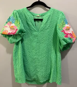 JODIFL Floral Embroidered Puff Sleeve V-Neck Blouse Green Multi thumbnail 1