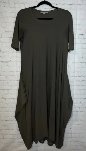 Bryn Walker Olive‎ Green Bamboo Jersey Lantern Hem Midi Dress Short Sleeve Small thumbnail 1