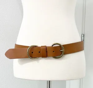 Cognac Brown Genuine Leather Wide Waist Belt Gold Circle Buckle 40" thumbnail 1
