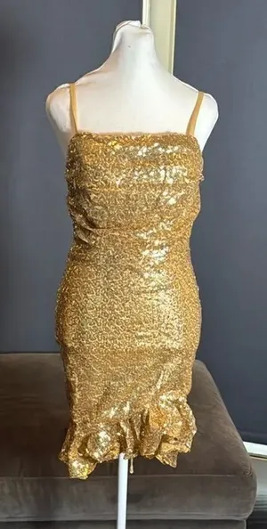 Women’s Gold Sequined Short Homecoming Dress Ruffle Hem Corset Back Size 4 NWOT thumbnail 1