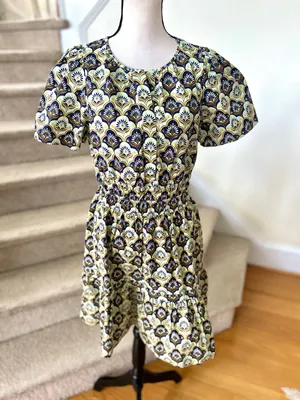 Anthropologie Milkmaid Puff Sleeve Navy Cream Yellow Mosaic Block Print Dress thumbnail 1