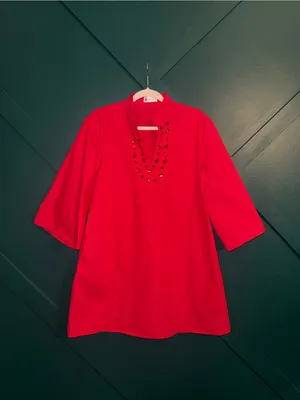Caryn Lawn Red Embellished V-Neck Pocketed Mini Dress Size 2 (6-12) thumbnail 3