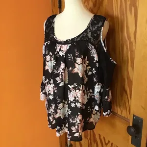 Charming Charlie Black Floral Cold Shoulder Blouse XL Lace Boho Flowy Top thumbnail 7