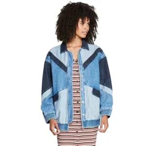Wild Fable Retro Streetwear Colorblock Denim Bomber Jacket Sz large Blue Chevron thumbnail 3