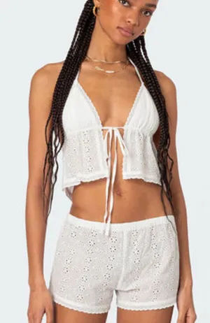 Edikted Jael Tie Front Eyelet Halter Top white  — Trendy going out top  thumbnail 1