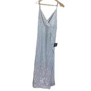 Lulus Keep Your Shine On Light Grey Metallic Faux-Wrap Maxi Dress size M thumbnail 3