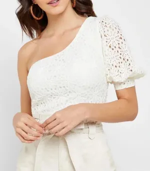TopShop One Shoulder Floral Lace Puff Sleeve Top 4 White Ivory Autumn v6x Cream thumbnail 1