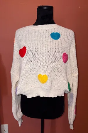 Women's Cream Heart-Appliqué Knit Sweater thumbnail 1
