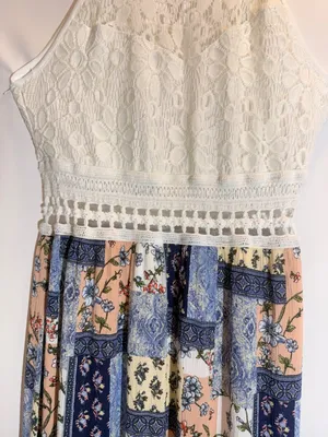 Boho Patchwork Floral Lace Halter Tie Waist Flowy Maxi Dress Size M thumbnail 4