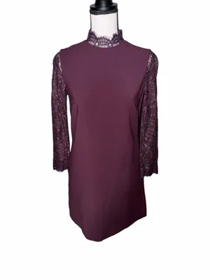 Topshop Purple Solid Lace Long Sleeve High Neck Shift Mini Dress Zip US 2 Formal thumbnail 2