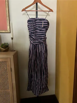 Madewell Strapless Ruched Midi Dress Poplin Striped‎ 100% Cotton Indigo Size 10 thumbnail 4