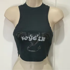 Boys Lie Tank Top One Size Black Bat Ribbed Crop Studded Gothic Y2K Streetwear thumbnail 4