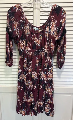Nostalgia Floral Midi Dress‎ Size M 3/4 Crochet Sleeve Scoop Burgundy/Cream Boho thumbnail 1