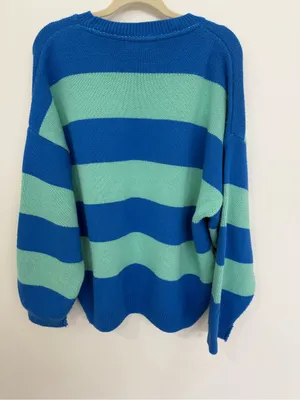 TopShop Blue & Mint Striped Graphic Sweater - Women size 8-10 thumbnail 2
