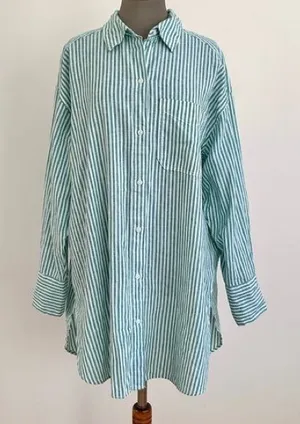 H&M 100% Cotton Green and White Oversized Striped Button Down Shirt Size S thumbnail 1