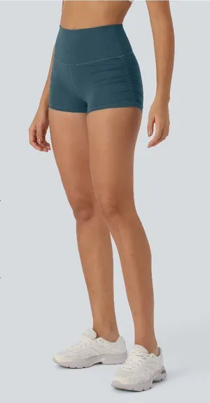 Halara SoftlyZero QuickDry High Waisted Tummy Control Ruched Biker Shorts Blue L thumbnail 1