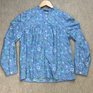 J.Crew Floral High Neck Button Bib‎ Blouse Blue Green XS Cotton Prairie Preppy thumbnail 1
