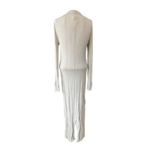 H&M NWT Rib Knit Dress Women's M Beige Tan V Neck Collared Bodycon Midi thumbnail 6