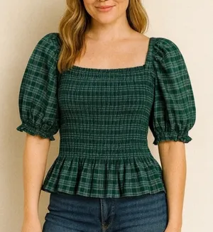 J.Crew Green Plaid Smocked Peplum Top Puff Sleeve Square Neck‎ Women’s Small thumbnail 1